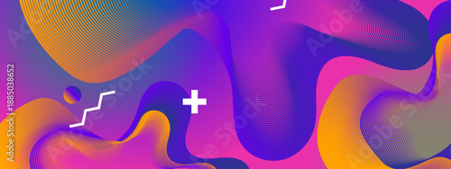 Smooth flowing fluid shapes in purple and orange gradients decorated with fine mesh lines and white geometric plus zigzag symbols