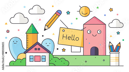 Whimsical schoolhouse greeting with happy clouds and stars Vector