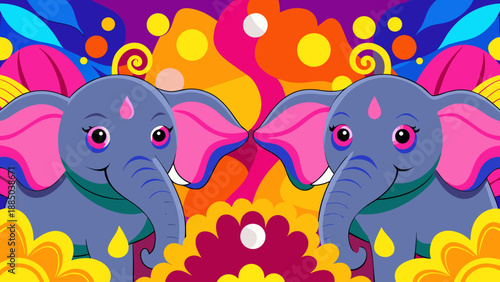 Playful elephants in a vibrant landscape Vector