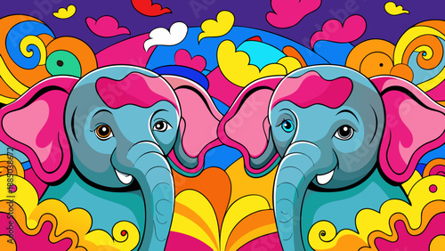 Whimsical elephants in a colorful dream landscape Vector