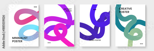 Set of creative layouts with purple and blue liquid tube shapes creating a dynamic visual flow for branding