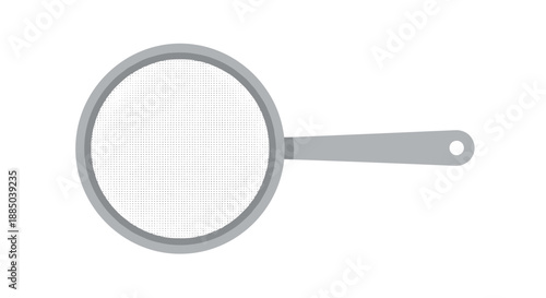 Metal mesh kitchen strainer for soup preparation, isolated on white background, featuring a circular design with a long handle, minimalist style
