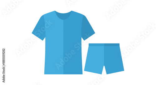 Blue short sleeve pajama set isolated on a white background, featuring a casual t-shirt and matching shorts, simple and modern design