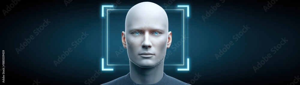 Obraz premium A futuristic, humanoid figure with a smooth surface is set against a dark background, illuminated by glowing blue accents, suggesting advanced technology.