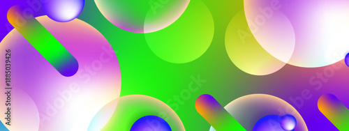 Bright neon green background featuring soft white spheres and purple tilted capsule shapes creating a high energy digital atmosphere