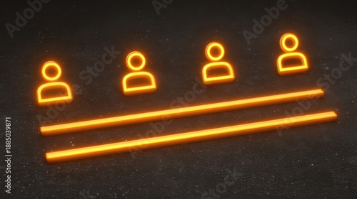 A minimalistic graphic featuring glowing orange icons of people and two horizontal lines, set against a dark background.