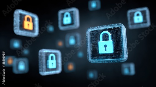 A digital illustration featuring floating padlock icons, symbolizing online security and data protection in a tech-themed environment.