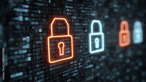 A digital representation of locks against a backdrop of binary code, symbolizing cybersecurity and data protection.