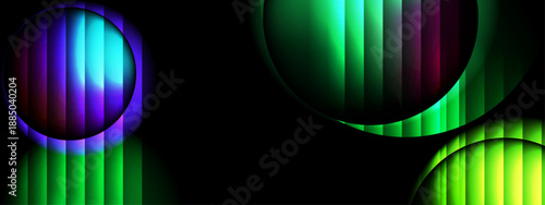 Vibrant green and blue digital background with vertical line textures and circular geometric overlays