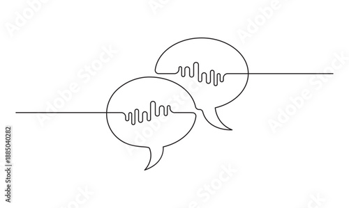 Minimalist double speech bubbles continuous line art with sound waves for voice message and audio chat concept