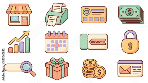 A vibrant overview of ecommerce colorful icons displayed in a grid layout on a clean white canvas, highlighting online transaction concepts from a top‑down perspective