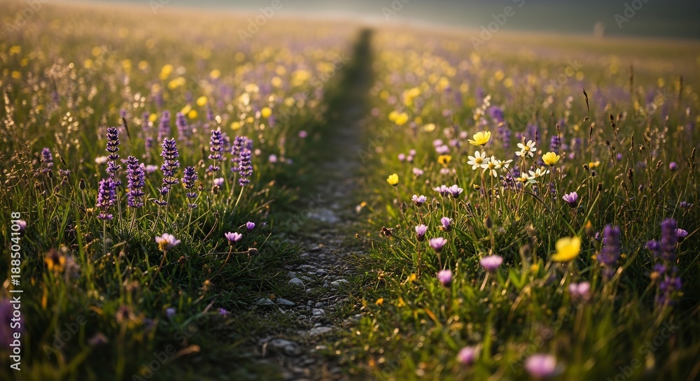 Fototapeta premium Close-up view of a path through a meadow bursting with purple lavender and yellow wildflowers, bathed in warm, soft sunlight.