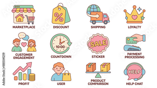 A clean white layout showcasing twelve e‑commerce icons for Marketplace, Discount, Shipping, Loyalty and Sale in a four‑by‑three grid