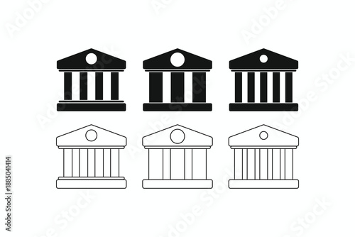 Bank icon set with classic building architecture, featuring columns and pediment. Flat solid black and thin line outline styles. Financial, museum, courthouse, or government institution vector symbols