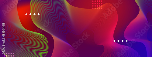 Intense red and purple background featuring neon green wavy lines and organic liquid formations with dot accents