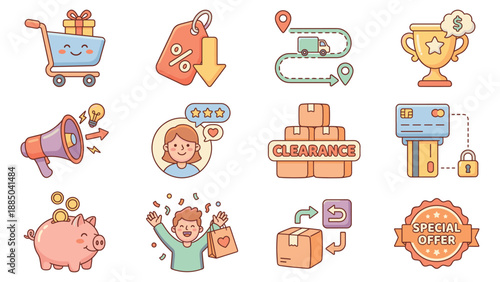 Dynamic online shopping promotion collage featuring a blue cart, orange discount tag, green map pin, gold trophy, megaphone, chat bubble, clearance sign and credit card terminal