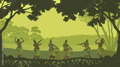 Traditional dancers performing in a serene forest setting Vector