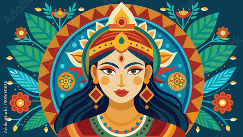 Vibrant portrait of a divine figure surrounded by floral and geometric designs Vector