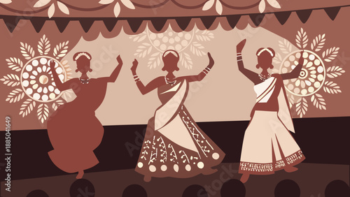 Traditional indian dancers performing on stage with vibrant costumes Vector