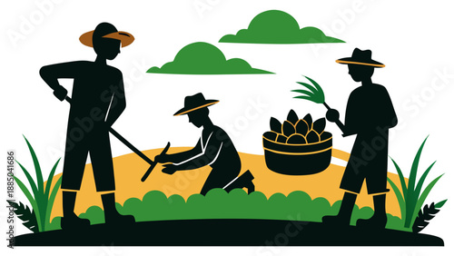 Farmers harvesting crops in a lush field Vector