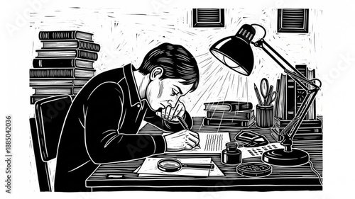Man writing at desk with lamp and books.