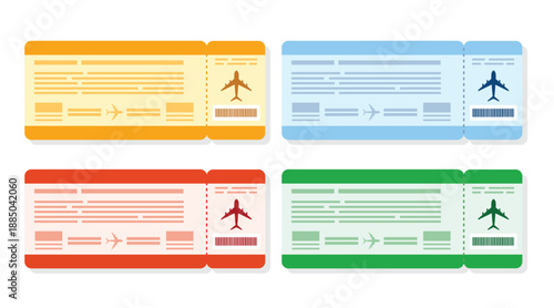 Airline boarding pass and flight ticket illustration set in flat modern style
