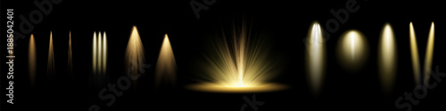 Vector spotlight. Yellow color light effect. Glowing isolated golden sparkling light effect. Spark spotlight special effect design. Ray vector element.
