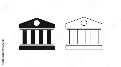 Classic bank building vector icons in solid black and thin line styles. Architectural symbols for finance, government, or courthouse isolated on white background