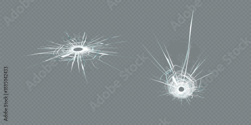 Broken glass triple bullet holes in glass isolated on black