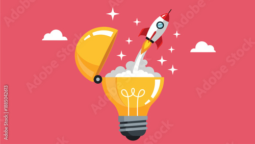 A red and white rocket blasts off from inside an open yellow lightbulb, symbolizing a bright idea taking flight amidst white clouds and sparkling stars against a vibrant pink background