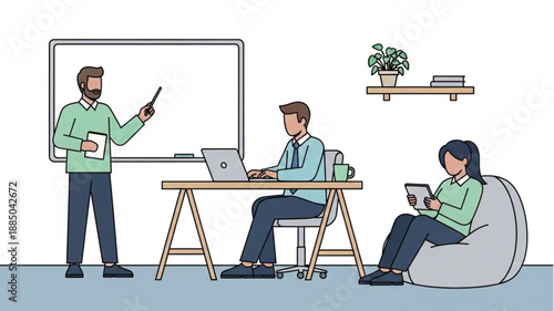 Teacher instructing students in a modern classroom setting.