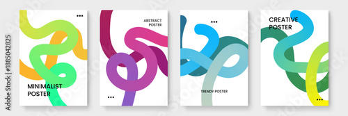 Modern abstract poster design with dynamic ribbon shapes using cyan blue lime green and magenta gradients