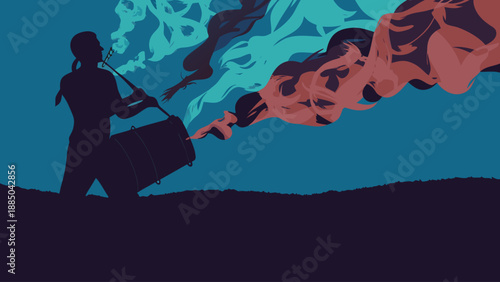 Silhouetted figure releasing colorful smoke from a barrel Vector
