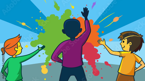 Children celebrating holi with colorful splashes Vector