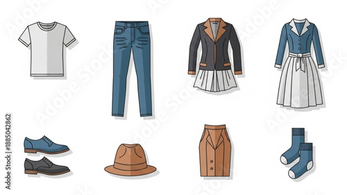 Collection of stylish clothing and accessories for women.