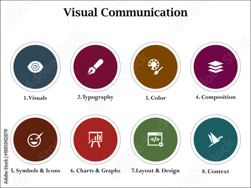 Eight aspects of visual communication. Infographic template with icons and description placeholder