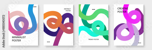 Collection of artistic posters with flowing stripe elements in rose pink sky blue and teal color palettes