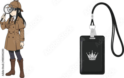 Flat vector illustration of a young female detective with a magnifying glass and a professional black ID badge lanyard