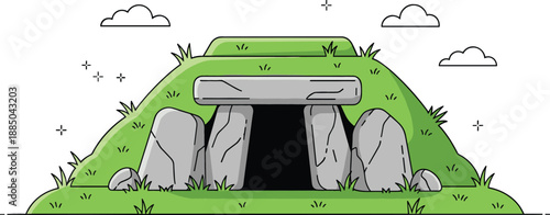 Flat vector illustration of a Neolithic passage tomb megalithic stone entrance built into a grassy mound