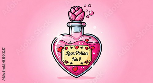 Heart shaped bottle with love potion and pink rose on a soft pink background with hearts