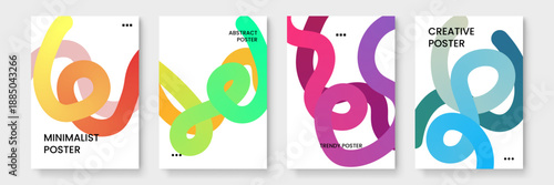 Minimalist modern poster set with twisted line graphics in sunny yellow ocean blue and magenta hues