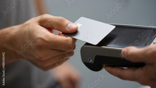 A person is making a payment by tapping a credit card on a card reader. Modern transaction technology.
