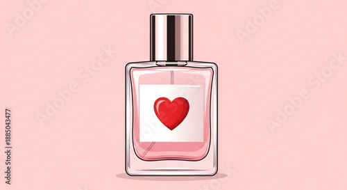 Perfume bottle with heart label on pink background symbolizing love and romance in a beautiful fragrance