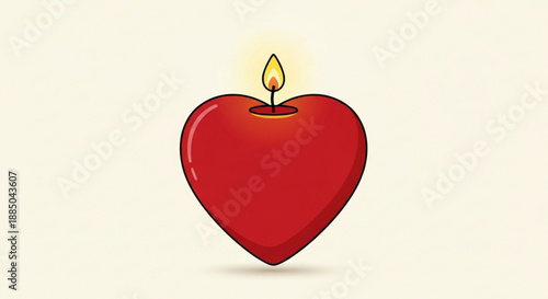 Heart shaped candle with flame burning on top symbolizing love and passion red color warm lighting simple background