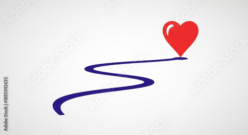 Red heart symbol with a winding blue line on a white background representing love and journey