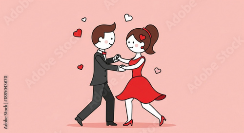 Loving couple dancing together with hearts around on a pink background romantic gesture and affection