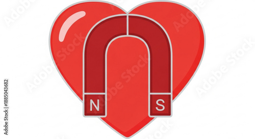 Red heart shaped magnet attracting love and affection with north and south poles