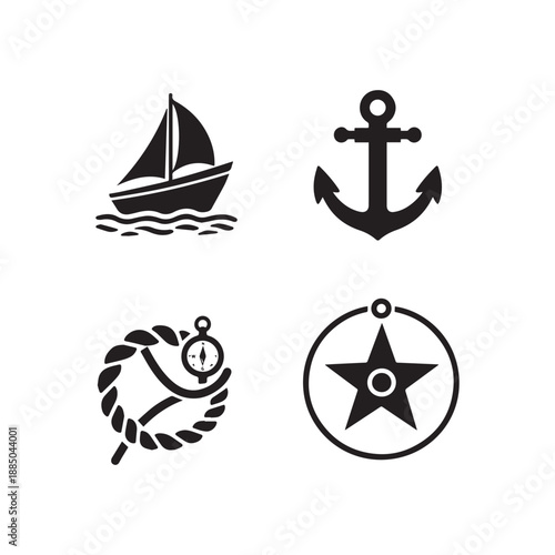 Nautical Sailing Icons Set with Sailboats Compass Anchor Maritime Navigation Silhouettes. 