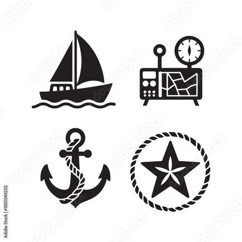 Nautical Sailing Icons Set with Sailboats Compass Anchor Maritime Navigation Silhouettes. 