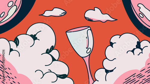 Whimsical wine glass floating among fluffy clouds Vector